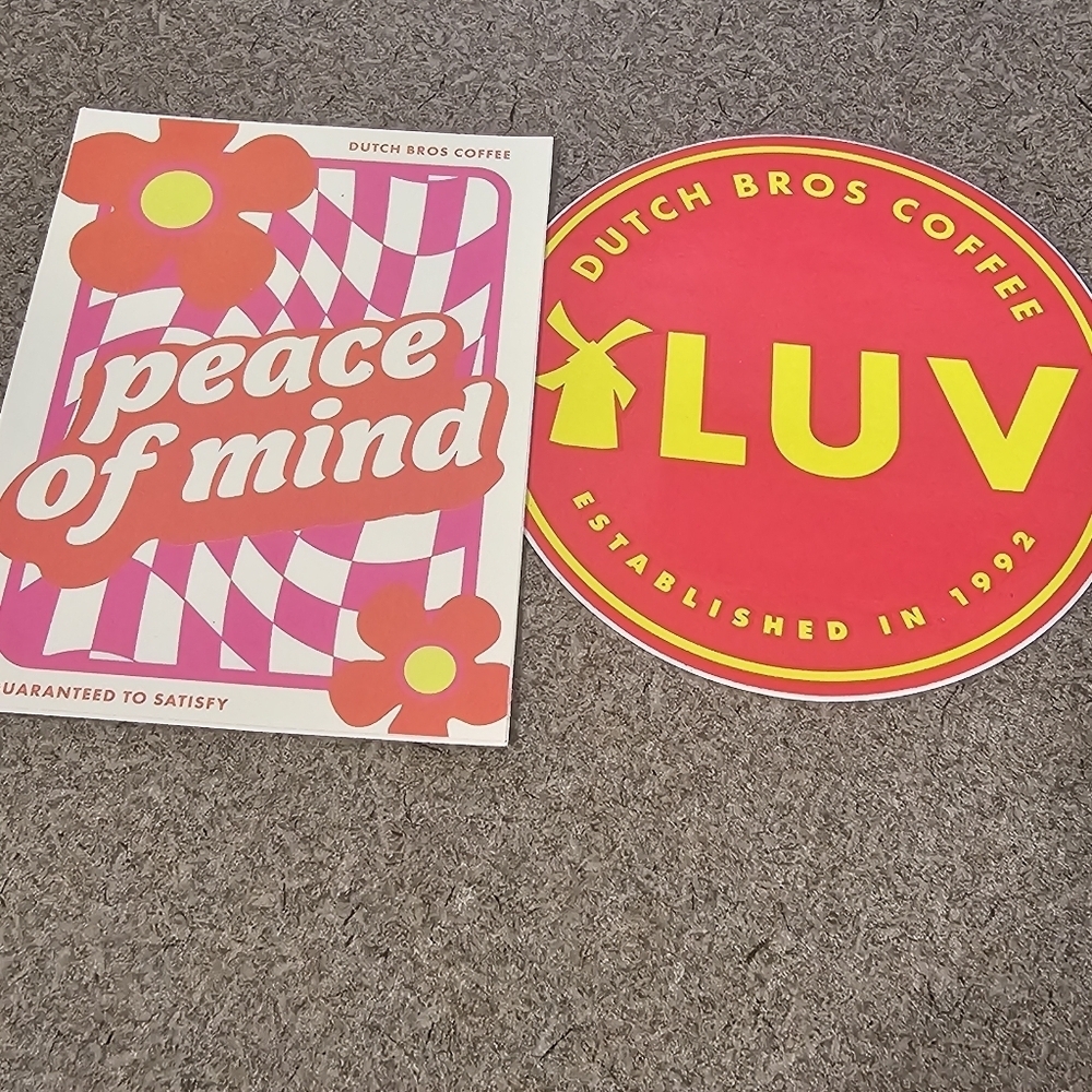 Dutch Bros Sticker Drop February 2019 LUV‎ & April 2020 Peace of Mind (set of 2)